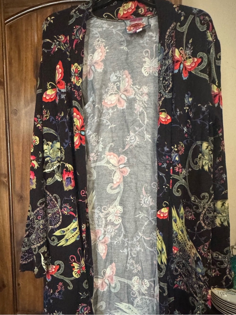 Johnny Was Medium Cardigan Butterfly Floral Duster Kimono Black Boho Open Front